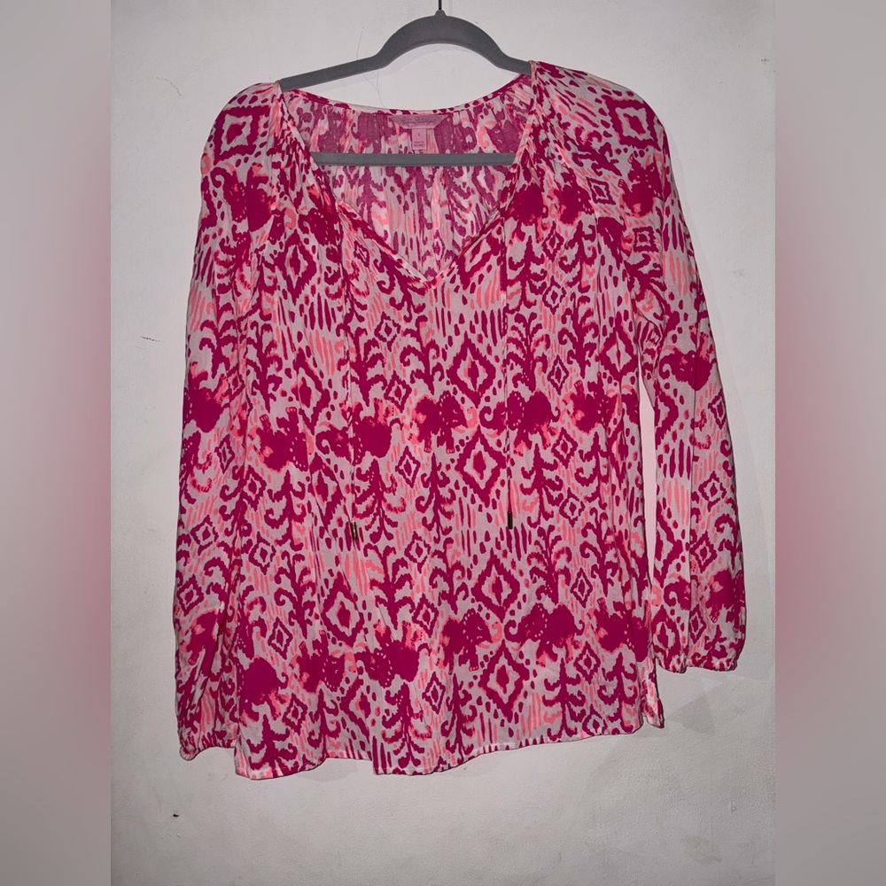 Lilly Pulitzer Pink and Coral Printed V-Neck Blouse